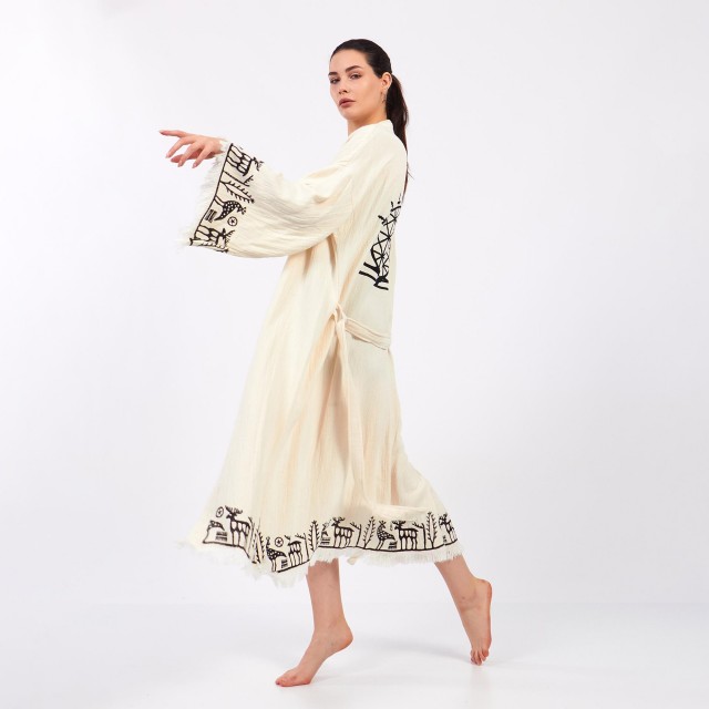 Vintage Totem Embroidery Long Cardigan Bathrobe