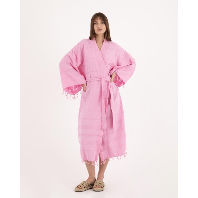 Fresh pink lazy style pure cotton striped bathrobe