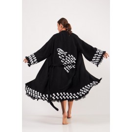 Black embroidered fringe robe