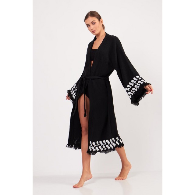 Black embroidered fringe robe