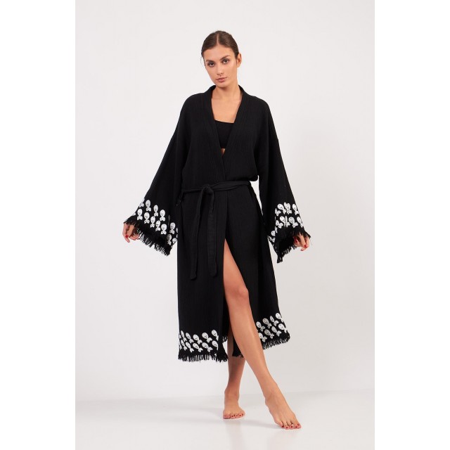 Black embroidered fringe robe