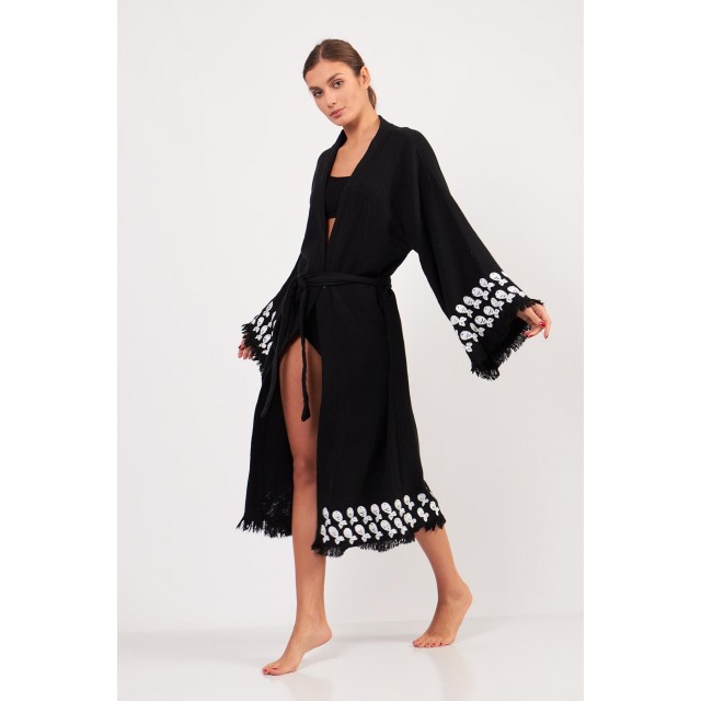 Black embroidered fringe robe
