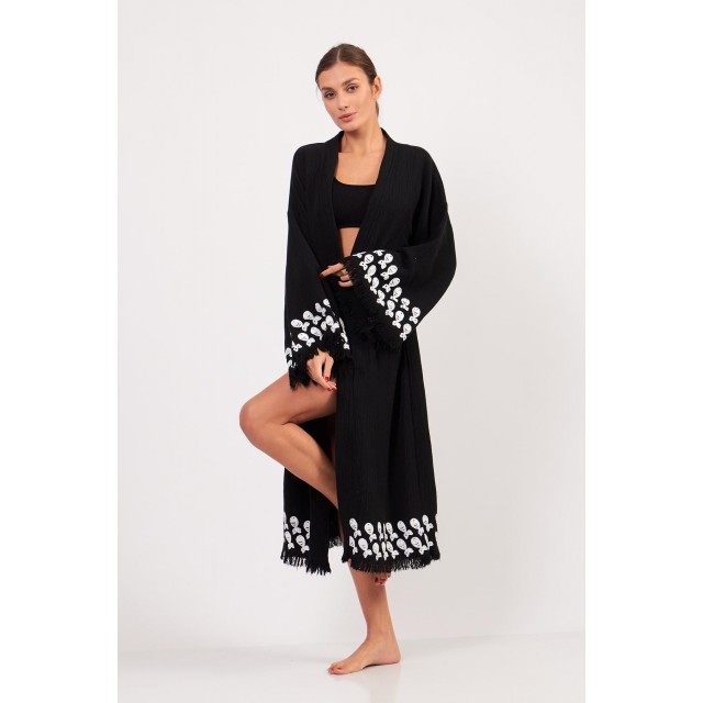 Black embroidered fringe robe
