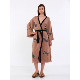 Animal embroidered raw-edge knitted robe