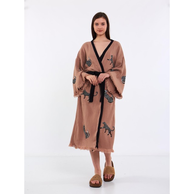 Animal embroidered raw-edge knitted robe