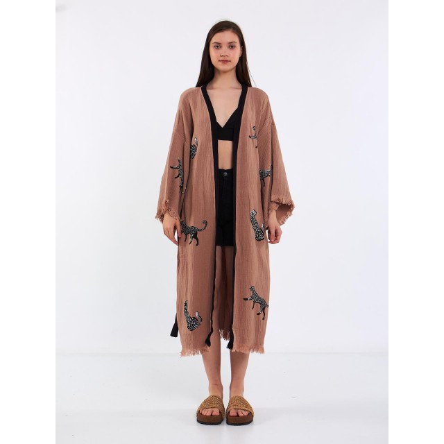 Animal embroidered raw-edge knitted robe