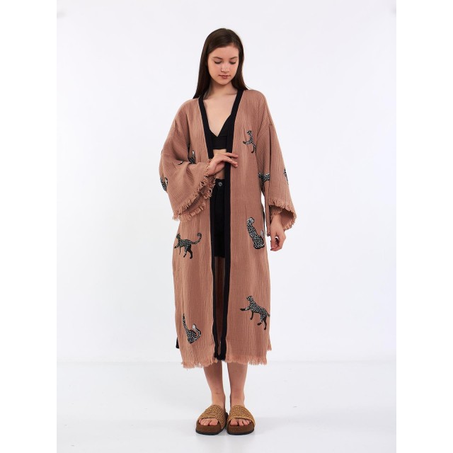 Animal embroidered raw-edge knitted robe