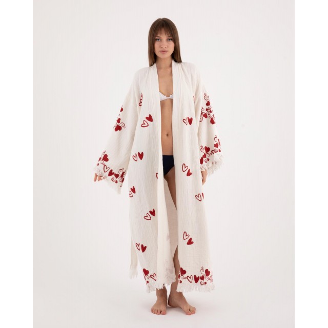 Heart embroidered long bathrobe