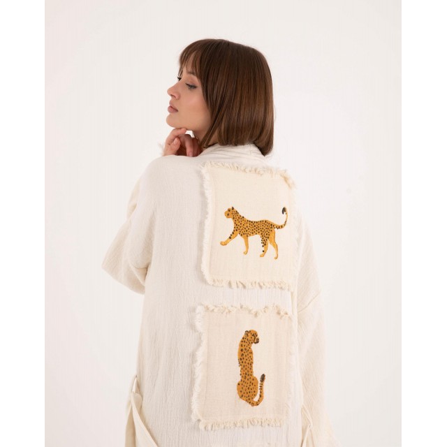 Animal embroidered raw-edge bathrobe