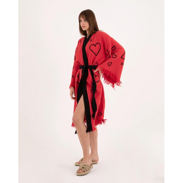 Heart Print Tassel Edge Bathrobe