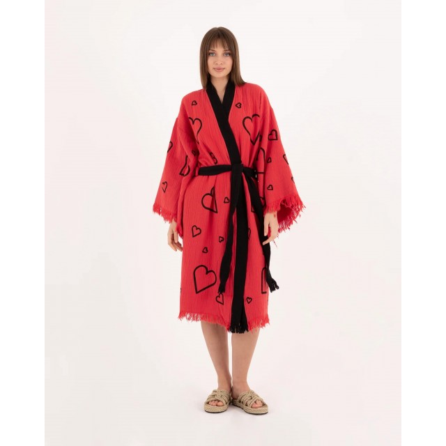 Heart Print Tassel Edge Bathrobe