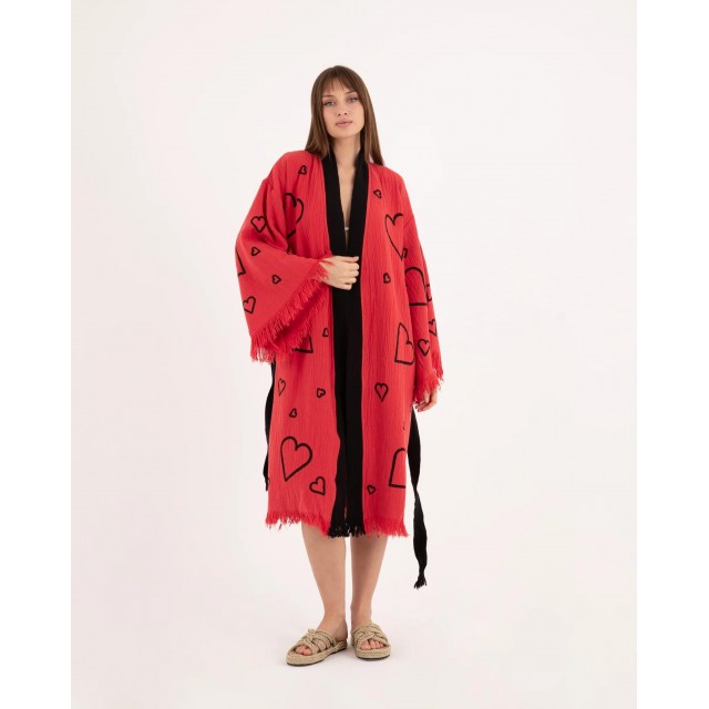Heart Print Tassel Edge Bathrobe